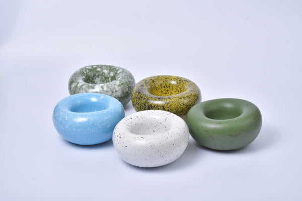 Rice field green speckled low rounded ceramic donut bowl
